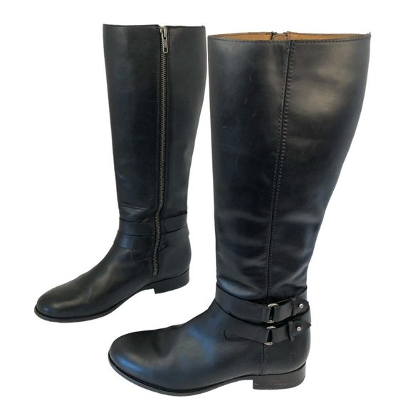 Frye Christie Double Strap Tall Riding Boots Black Leather 3470618 Women's 7 B - Picture 1 of 16